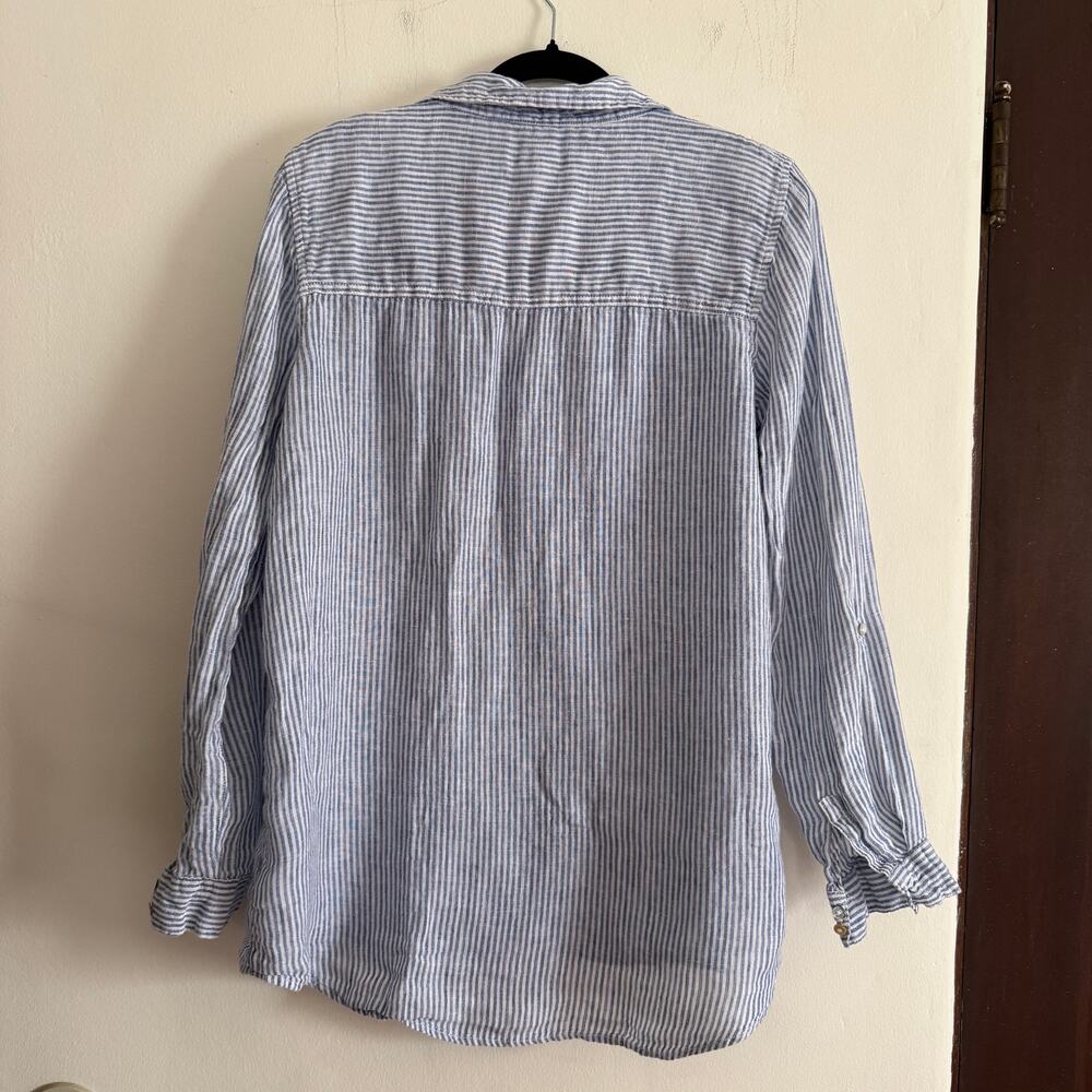 CALYPSO St. Barth | Rahani Blue and White Striped Linen Button Up Shirt | Large - Picture 2 of 7